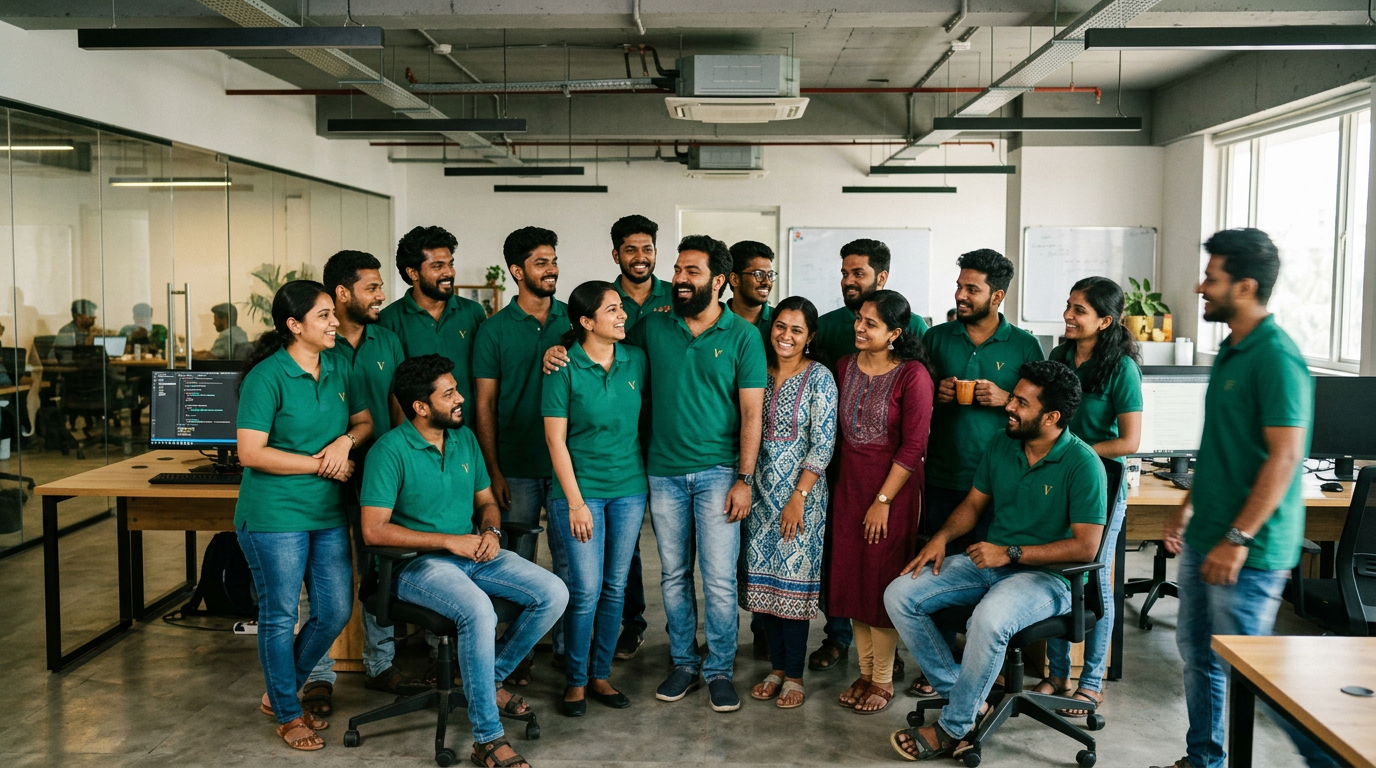 VTS Global team — engineers, designers, and educators in uniform at the Kochi headquarters
